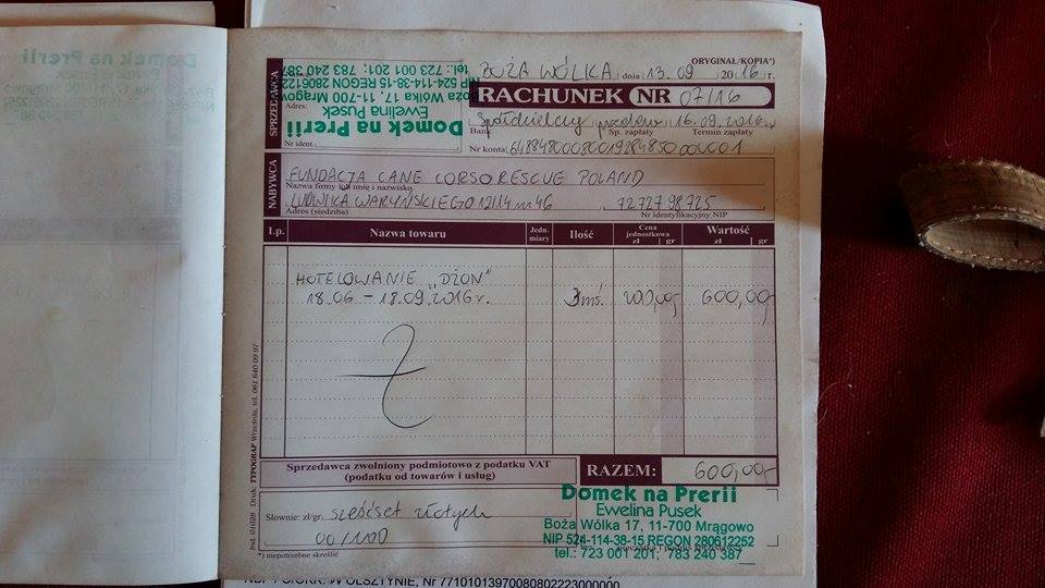Faktura za hotelowanie Dzonego